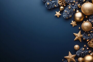 Naklejka premium Luxury gold Christmas decorations on dark blue background. Xmas greeting card template, Happy New Year banner mockup