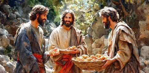 Artistic depiction of Jesus Christ distributing bread to his disciples, surrounded by a group of men in robes in a natural setting Generative AI