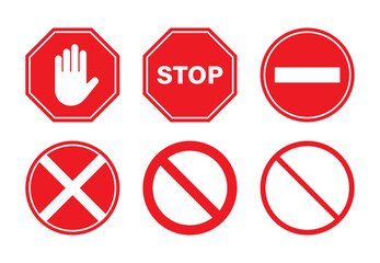 Stop, ban, do not cross, forbidden icon set road safety sign board symbols in red and white color vector illustrations