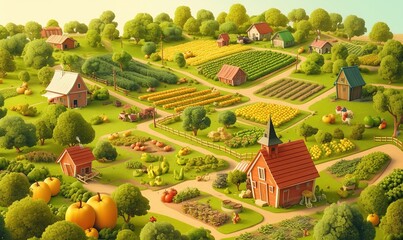  An imaginative 3D top-down illustration depicting an abstract rural landscape featuring a charming farmhouse, a vibrant barn, and a lush vegetable garden, capturing the essence of agricultural indust