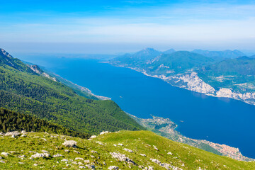 Fragment of a nice mountain view Garda Lake from the trail at Monte Baldo in Italy.