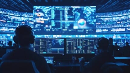 High-tech control center with multiple screens