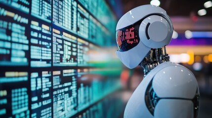 Robot analyzing data on bright digital screens