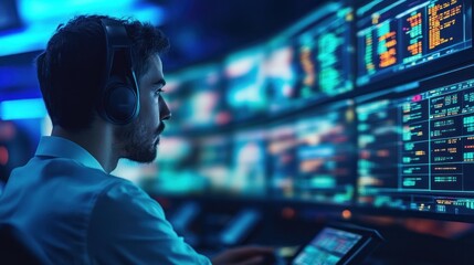 Focused professional at multi-screen workstation