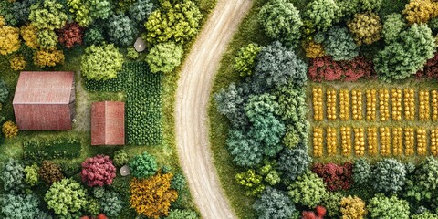  An imaginative 3D top-down illustration depicting an abstract rural landscape featuring a charming farmhouse, a vibrant barn, and a lush vegetable garden, capturing the essence of agricultural indust