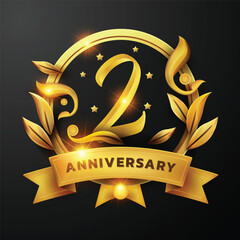 2nd Anniversary design a golden ribbon and golden leaf Decorated around the number '2' on a black background. Perfect for celebrating milestones or promoting anniversary events with a luxurious.