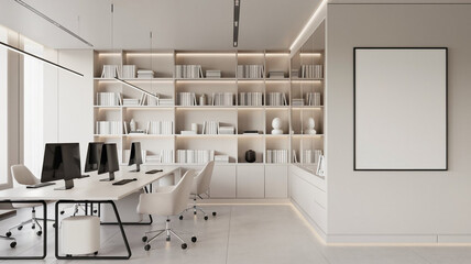 Modern office room interior with coworking space and fashionable furniture. White Mockup frame.