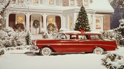 Vintage car of 60s with Christmas tree and gifts on roof parked in front of a decorated house in snow. Classic winter holiday scene.