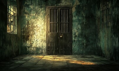 Fototapeta premium A dark, abandoned room with a barred door.
