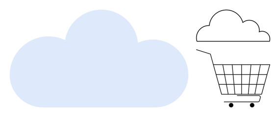 Large blue cloud next to an outlined cloud on shopping cart emphasizing digital storage and internet commerce. Ideal for tech, cloud services, e-commerce, online shopping, digital transformation