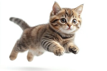 Fototapeta premium jumping american shorthair cat against a clean white background showcasing its playful demeanor and sleek fur capturing the essence of feline agility and charm