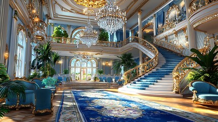 Obraz premium Grand Staircase in a Luxurious Blue and Gold Mansion Interior