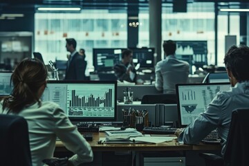 Office workers focusing on detailed financial reports