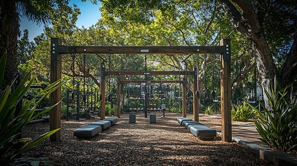 Outdoor Fitness Area with Wooden Beams Chains and Rings in a Park Setting