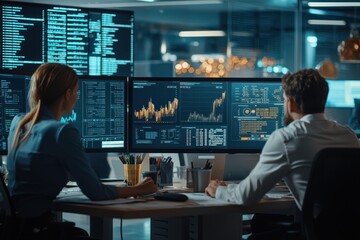 Office environment with professionals analyzing data.