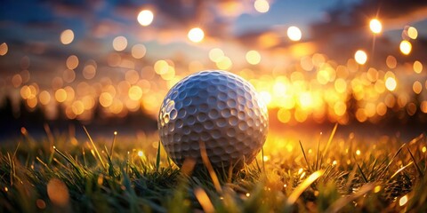 A single golf ball rests in the grass with a warm, golden glow reflecting off the blades and a blurred background of glittering lights.