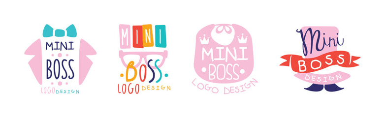 Mini Boss Logo Design with Colorful Hand Drawn Element Vector Set