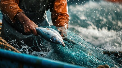 Obraz premium Fisherman Catching Fish from a Net at Sea