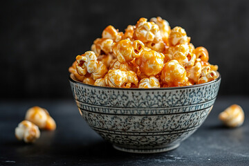 Caramel popcorn in a bowl on a dark background, close-up. The background has ample space for text or design. 