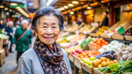 活気に満ちた市場での日本人シニア女性の食料品買い物体験