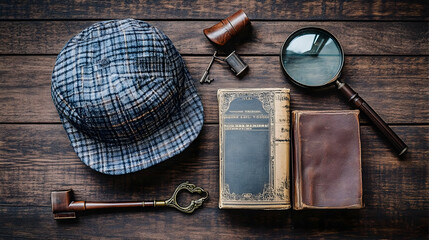 Vintage Detective Accessories Flat Lay on Rustic Wooden Background