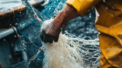 Fisherman Handling a Fishing Net While at Sea
