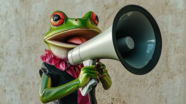 A green frog with a pink scarf and black blazer holds a megaphone to its mouth and looks toward the camera.