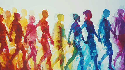 A group of colorful, abstract silhouettes of diverse individuals holding hands, creating a dynamic, flowing pattern across a modern company background that emphasizes Diversity, Equity, and Inclusion.