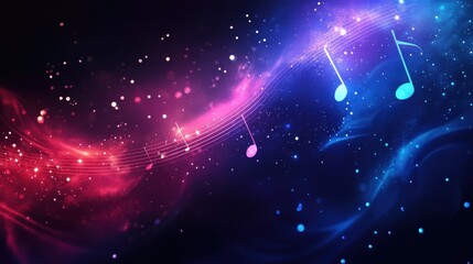 Fototapeta premium Digital illustration of glowing musical notes and a stave with an abstract cosmic background