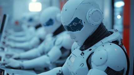 Row of mechanized workers in futuristic tech assembly