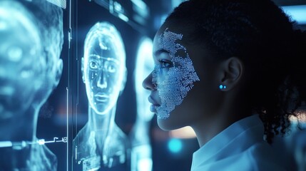 Futuristic woman interacts with digital face interface