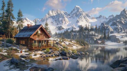 Fototapeta premium Secluded Cabin Nestled in a Mountainous Wonderland