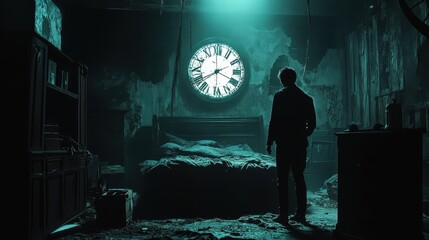 Man standing in a dimly lit, dilapidated room illuminated by a greenish light, with a large, glowing clock on the wall