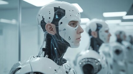 Sleek white robot in profile view inside high-tech lab