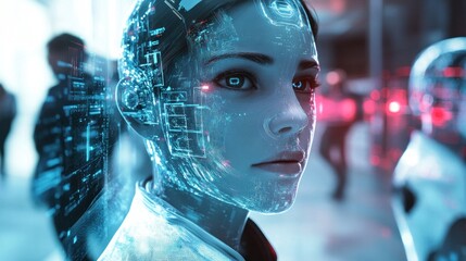Digital face overlay on woman reflecting virtual world