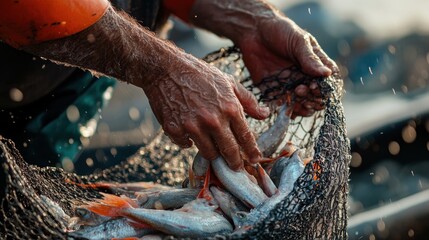 Obraz premium Fisherman Holding Fresh Catch in Fishing Net
