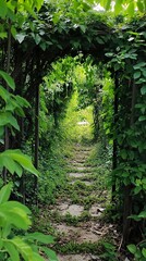 Fototapeta premium Stone Path Through Lush Green Foliage - A Tranquil Garden Escape