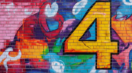 Obraz premium Pop art comic street graffiti with alphabet number 4 on colorful brick wall.