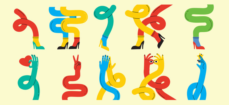 Groovy hippie set of colorful curved funny twisted intertwined legs in different poses. Hand drawn vector colored trendy illustration. Flat design
