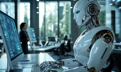 Cybernetic robot engaged with coding on computer