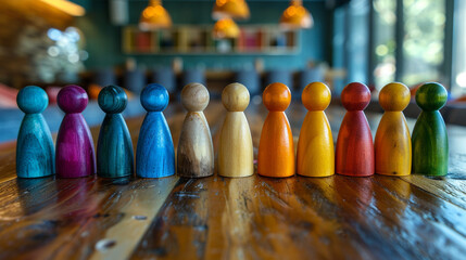 A group of colorful wooden figures arranged around a business conference table, each figure uniquely painted to represent diversity and inclusivity in the workplace.