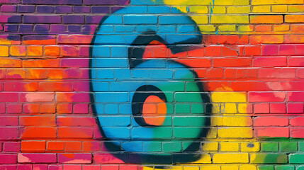 Pop art comic street graffiti with alphabet number 6 on colorful brick wall.
