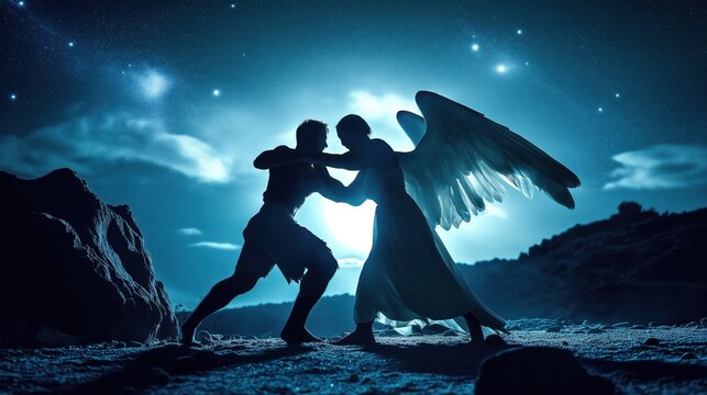 Silhouette of Jacob wrestling with angel at night their forms locked in powerful struggle