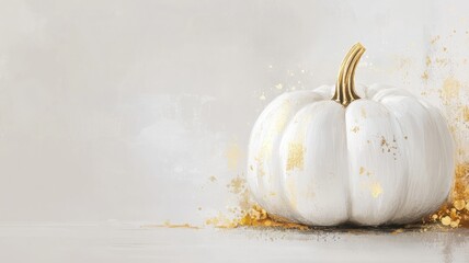 A white pumpkin with elegant gold accents on a light background, resembling a festive decoration.