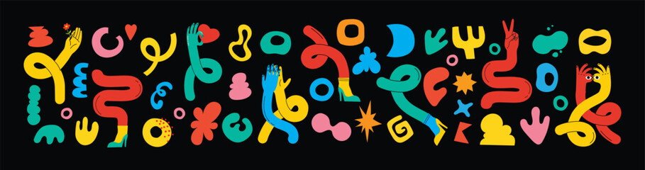 Abstract Graphic Elements set in Minimal Trendy Style. Hand drawn doodle spots, drops, curves, lines for creating patterns, Invitations, posters, cards, social media posts