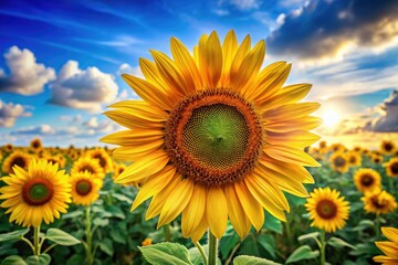 Fototapeta premium Lively cartoon sunflower illustrations ideal for enhancing any creative project or design, bringing warmth and cheer to your artistic endeavors with their bright, joyful appeal.
