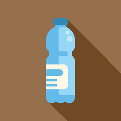 Blue plastic water bottle with blank label casting a shadow on a brown background