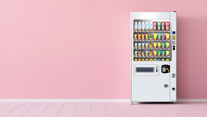 a minimalist and modern-style vending machine set against a pastel pink wall. Small business, self-service vending machines in public places. machine vending at the station