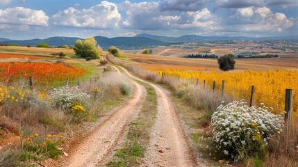 Countryside Road Winding Through Fields of Autumn Colors