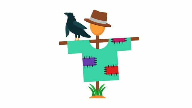 Scarecrow with Hat and raggedy cloth around it animation, crow cawing in eerie atmosphere animated video, Halloween Party Footage, 31 October Clip,  Saints Eve festivals motion graphics